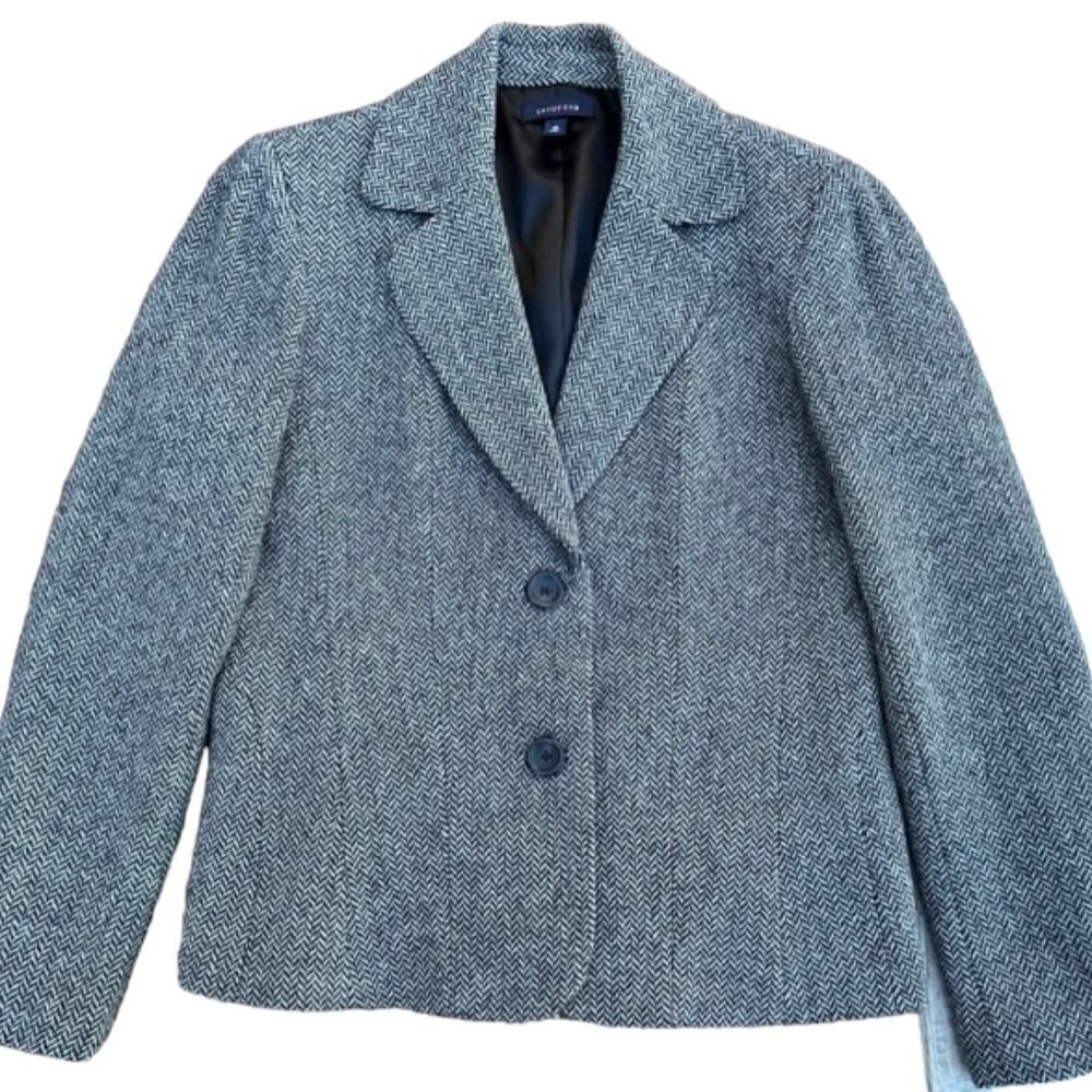 Lands' End NWOT Wool Blend Blazer Jacket Herringbone Black Single Breasted Sz 10